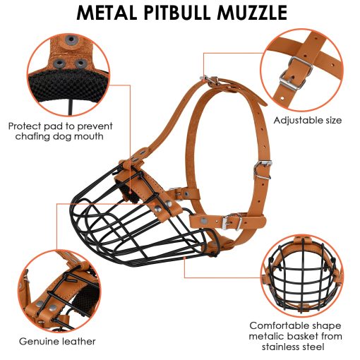 Bozal de metal transpirable para perros Pitbull con cesta para perros grandes Amstaff Staffordshire Terrier Mascara segura de alambre ajustable Correas de cuero duraderas para morder ladrar (Marron) - Imagen 3