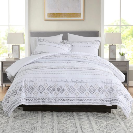 Juego de Edredon CozyDH Boho Tamaño King - 100% Algodon Egipcio de Fibra Larga Diseño Moderno con Geometrico, Moderno Transpirable Ligero Juego de Ropa de Cama para Todas las Estaciones con Fundas, 90"x104", Gris/Blanco, 3 Piezas