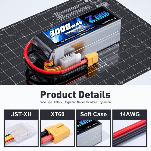 Bateria Lipo Zeee 4S 3000mAh 14.8V 50C con Funda Suave y Conector XT60 para Avion RC Helicoptero Drone FPV Barco RC UAV Coche RC Camion Barco Carreras Hobby Modelos (2 Paquetes) - Imagen 3
