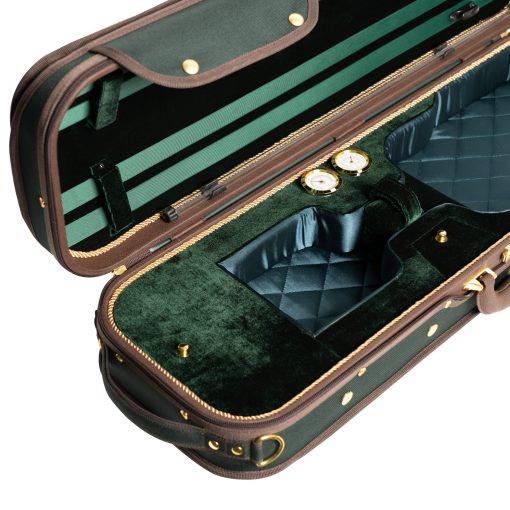 Estuche de violin de madera dura profesional MI&VI NW-9001 4/4 (tamano completo) Forro de seda de lujo | Madera maciza | Forma oblonga | Bolsillo para partituras | Correas ajustables | Higrometro | Termometro (Verde - Madera) - Imagen 4