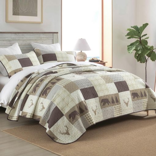 Juego de Edredon de Patchwork 100% Algodon Tamano Queen - Estampado de Animales y Cuadros, Edredon Ligero de Patchwork, Funda Suave para Decoracion del Hogar Juego de Cama 3 piezas para Todas las Estaciones, Beige/Marron - Imagen 4