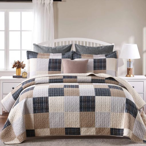 Colchas Queen Size de Granja Y-PLWOMEN - 100% Algodon Colcha de Cuadros Queen con 2 Fundas de Almohada, Colchas de Cama Acolchadas Transpirables, Juego de Ropa de Cama, Marron Beige, Queen (90 * 98 Pulgadas)