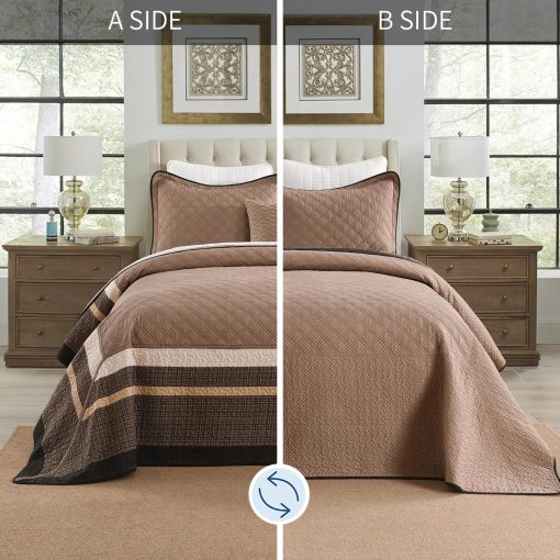 Colcha de Cama DDUOXIN Super King 120" Ancho x 120" Largo - Ligera Colcha de Algodon 100% Extra Grande con 2 Fundas de Almohada, Cubrecamas Reversible Estilo Granja, Juego de Ropa de Cama, Marron Oscuro/Marron/Beige - Imagen 9