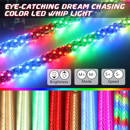 Luces de latigo LED de color de ensueño, señal de giro y freno y advertencia, control remoto, Antena de luz en espiral de baile de 360 grados, Paquete de 2PCS Luces de latigo LED RGB para UTV ATV RZR Fuera de carretera Camiones 4X4 Buggy Duna, 3FT - Imagen 3