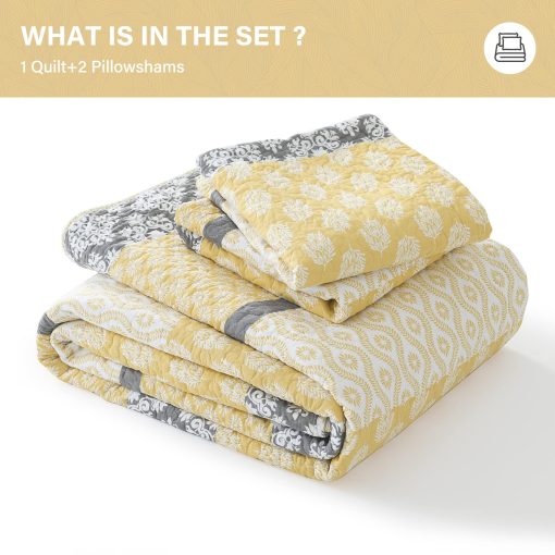Juego de Colchas King Size SahSahCasa, Colcha King, 100% Algodon, Colcha Floral King, Juego de Ropa de Cama de Colcha, Colcha Reversible de Retazos Ligera para Todas las Estaciones, Amarillo/Gris, 3 Piezas - Imagen 6