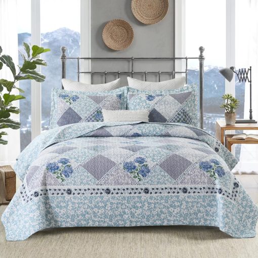 SahSahCasa Colcha de Cama California King 100% Algodon 120"x120", Cubrecama Acolchado Extra Grande, Colcha XL de Cama Ligera, 3 Piezas, Azul/Morado - Imagen 2