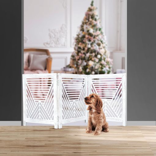 Puerta para perros, Puerta para mascotas, Puertas para perros interiores, Puerta para perros extra ancha para la casa, Puerta para perros para escaleras, Puertas para cachorros, Puertas de seguridad para mascotas, Puertas de madera plegables 24x18 blanco antiguo, 3 paneles - Imagen 2