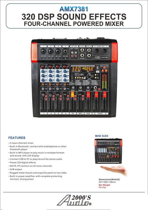 Mezclador de Audio Audio2000'S AMX7381 de Cuatro Canales con 320 Efectos de Sonido DSP, Sub Salida Estereo con Control de Nivel de Sub-Salida, Faders de Control de Nivel en Todos los Canales, y Interfaz USB/Computadora - Imagen 4