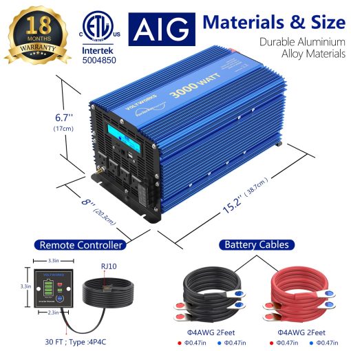 Inversor de corriente de onda sinusoidal pura de 3000 vatios 3000w 12V DC a 110V 120V AC ETL enumerado UL 458 con control remoto y LCD 4 salidas de CA Doble puerto USB 2.4A y 1 Bloque de terminal de CA por VOLTWORKS - Imagen 2