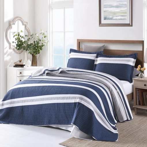 Edredon Queen Size a rayas azul marino PERHOM, Edredon Queen de algodon 100% con 2 fundas, Colchas/Colcha/Conjunto de ropa de cama Queen ligero para todas las estaciones, 3 piezas - Imagen 2