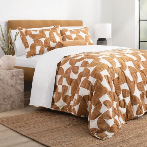 Juego de Edredon de Algodon Percale Estampado Shapes Nate Home by Nate Berkus | Ropa de Cama de Lujo Comoda - Tamano King - 1 Cubierta de Edredon/2 Fundas de Almohada, Bronce/Blanco Antiguo