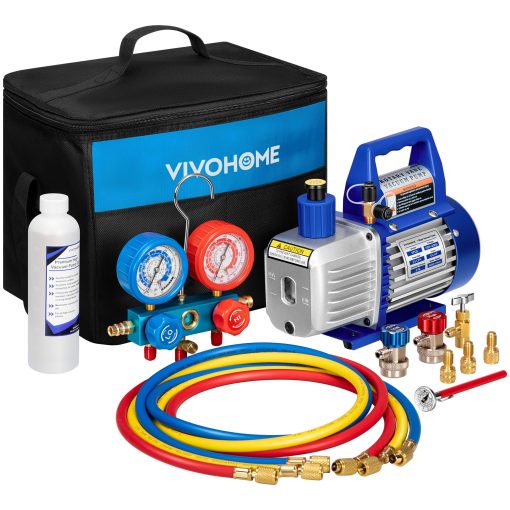 VIVOHOME 110V 1/4 HP 3.5CFM Bomba de Vacio de Paletas Rotativas de Una Etapa y Juego de Manifold de AC con Termometro para R134a R12 R22 R502 R410a HVAC Aire Acondicionado Refrigeracion Recarga