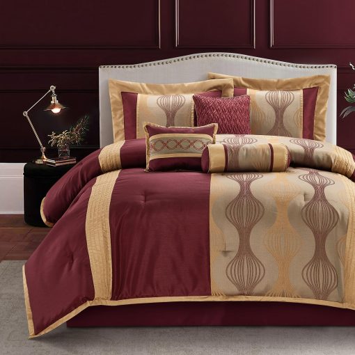 Juego de Edredon LANCO MODERN LIFESTYLE Queen, Vino Oro, 7 Piezas con Sabana, Jacquard Ultra Suave con Piezas Solidas, Juego de Lujo con Edredones, Falda de Cama, Fundas de Almohada y Cojines Decorativos