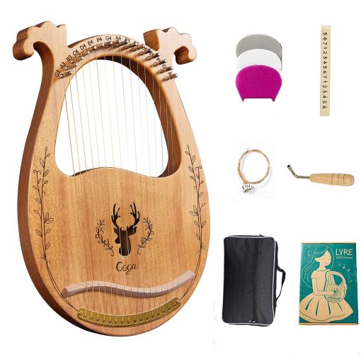 Arpa Lira, Arpa de 16 Cuerdas de Madera Maciza de Caoba con Llave de Afinacion, Pua, Cuerdas, Estuche Negro y Manual de Instrucciones para Amantes de Instrumentos Principiantes (Color Madera)