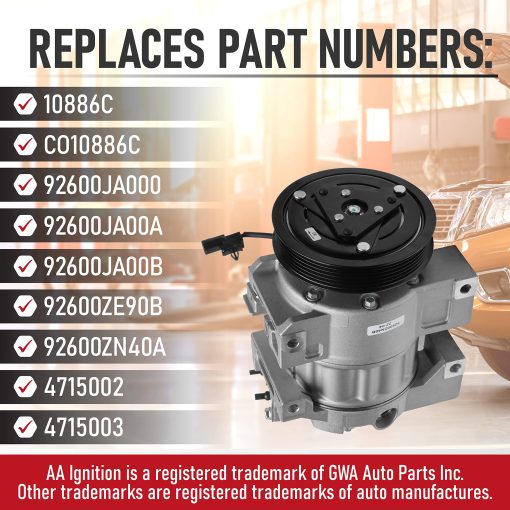 Compresor de Aire Acondicionado de Repuesto con Embrague - Compatible con Nissan Altima y Sentra 2.5L 2007-2012 - Reemplaza a 92600ZN40B, 92600JAOOA, 92600-ZN40B, 10886C, CO10886C - 07, 08, 09, 10, 11, 12 - Imagen 3