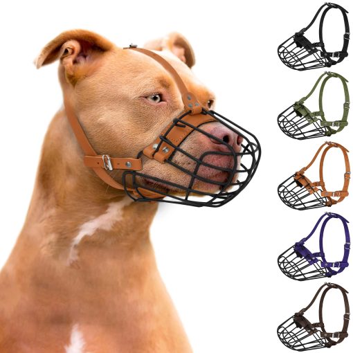 Bozal de metal transpirable para perros Pitbull con cesta para perros grandes Amstaff Staffordshire Terrier Mascara segura de alambre ajustable Correas de cuero duraderas para morder ladrar (Marron) - Imagen 9