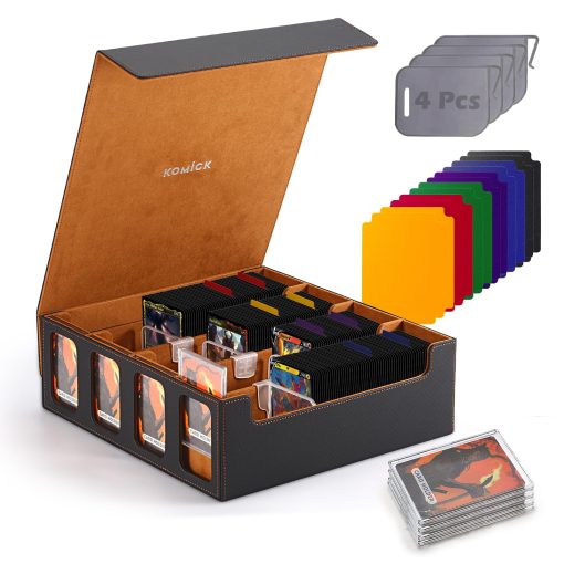 Komick Ultra-Capacity 4-Row Trading Card Storage Box with Commander Display, Holds 3000+ Cards with Dividers & Card Holders, PU Leather MTG Commander Deck Box, YuGiOh, TCG, Sport Cards (Negro / Dorado)