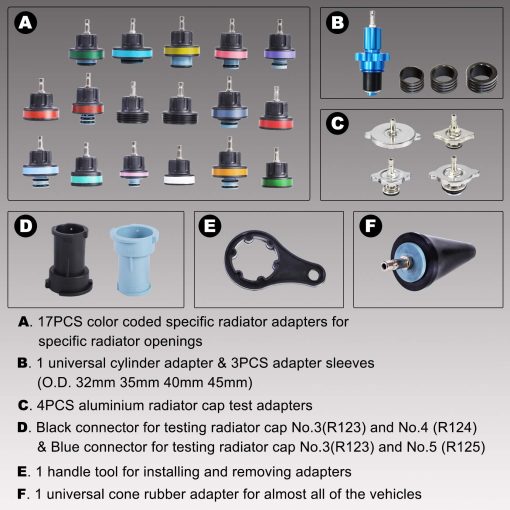 YSTOOL Juego de Prueba de Presion del Radiador y Kit de Relleno de Vacio de Refrigerante 33PCS para Automoviles Herramienta de Prueba de Fugas del Sistema de Enfriamiento Neumatico Tanque de Agua de Purga y Relleno con Adaptador de Medidor Universal para Automovil Airlift - Imagen 6