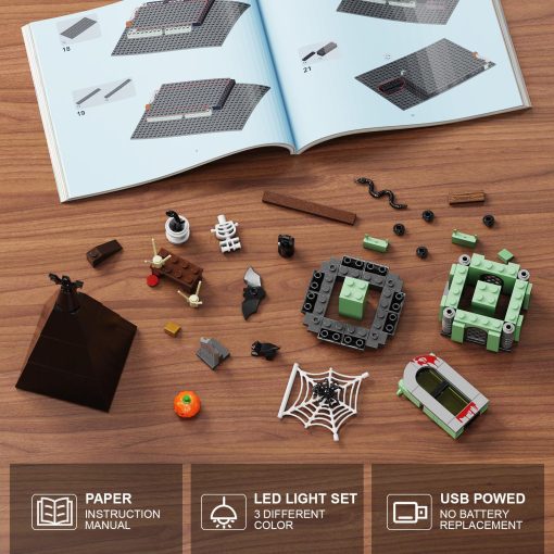 Set de Construccion de Casa Embrujada, Juguete de Casa de Halloween con Luces Compatible con Lego, Arquitectura Tema de Terror Incluye Calabaza Esqueleto Espeluznante Murcielago Bloques de Figura, Regalo para Ninos 8+ y Adultos - Imagen 6
