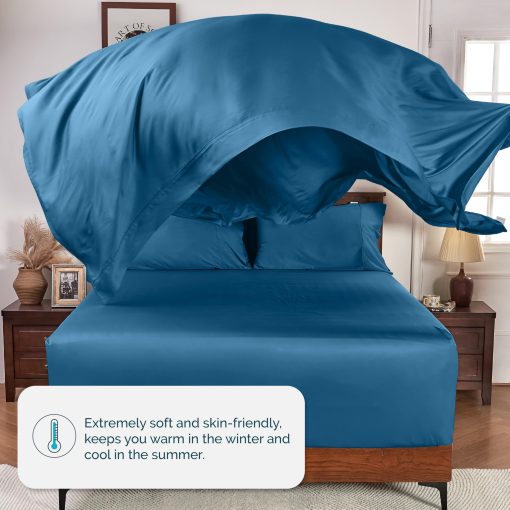 Juego de sabanas de lujo para cama tamano Queen GOKOTTA de 4 piezas, 100 % rayon derivado del bambu, mas suave y fresco que el algodon, sabana ajustable de bolsillo extra profundo de 24" con correas elasticas en las esquinas, Azul - Imagen 2