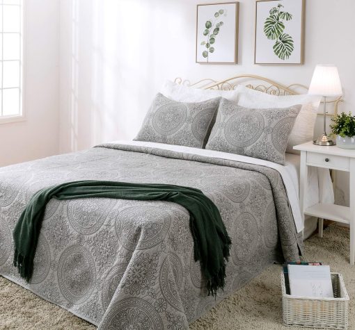 Edredon de Algodon Reversible con Bordado de Medallon de ELEGANT LIFE HOME - Queen 90 x 95 pulgadas, Gris