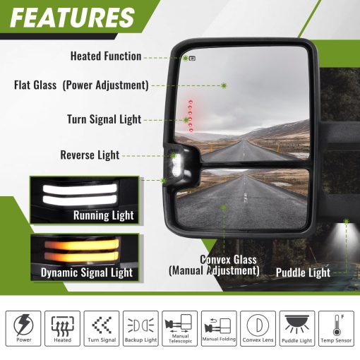 Espejos de remolque SIZIOM Switchback para Dodge Ram 1500 2009-2018, Ram 2500 3500 2010-2018, Ram Classic 2019-2023, Senal de giro dinamica, Luz de respaldo, Lampara de charco, Extensible, Par de espejos de remolque ajustables electricos - Imagen 2