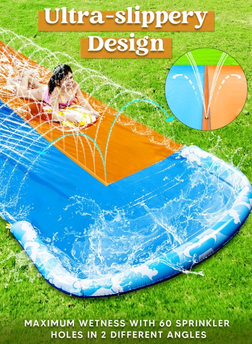 Deslizadero de agua extra largo de 32.5 pies y 2 tablas inflables, Resbaladilla de agua de cesped resistente de doble deslizamiento con rociador para ninos y adultos, Juguete acuatico de verano para exteriores divertido en el patio trasero - Imagen 4