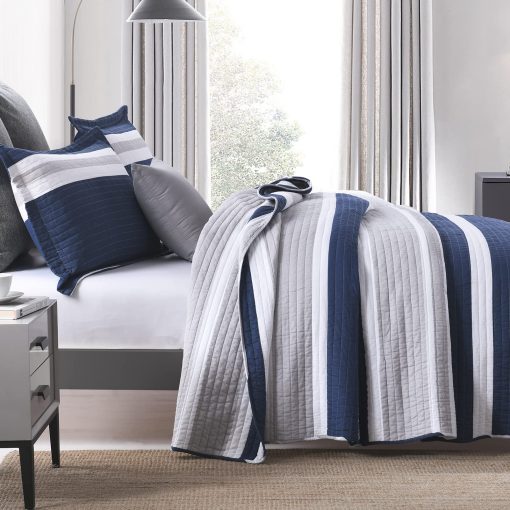 Set de Colcha King Size SahSahCasa, 100% Algodon, Colcha a Rayas Azul Marino, Juego de Cama King, Edredon Ligero para Cama King, Todas las Estaciones, Azul Marino, 3 Piezas - Imagen 3