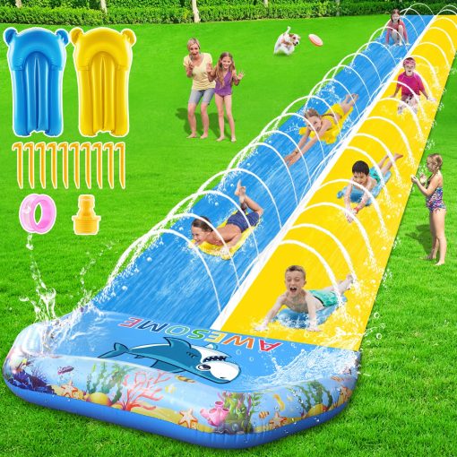 VEEST 33 FT Tobogan de Agua Extra Largo para Ninos y Adultos, Doble Tobogan de Agua para Cesped con 2 Tablas, Juguetes de Verano para Tobogan de Agua con Colchoneta de Choque para Patio Exterior