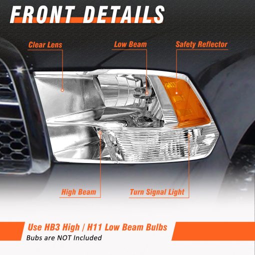 Faros delanteros AXLAHA 2009-2018 para Dodge Ram 1500, 2500/3500 2010-2018 Estilo cuadruple y dual, Carcasa cromada Reflector ambar Sustitucion de lado del conductor y del pasajero - Imagen 3
