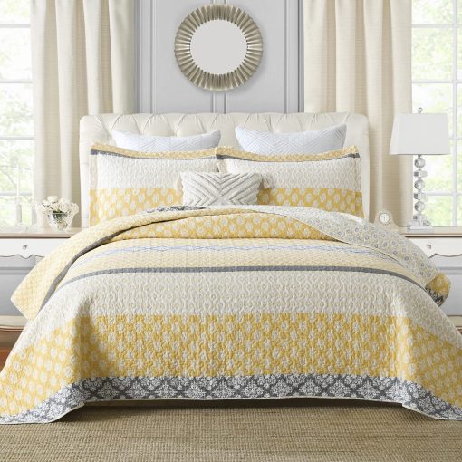 Juego de Colchas King Size SahSahCasa, Colcha King, 100% Algodon, Colcha Floral King, Juego de Ropa de Cama de Colcha, Colcha Reversible de Retazos Ligera para Todas las Estaciones, Amarillo/Gris, 3 Piezas