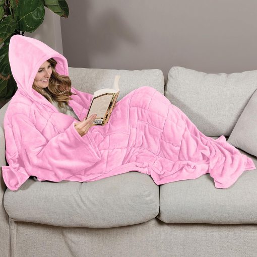 Ella Jayne - Manta con Capucha Ponderada de 10lb, Manta Ponible de Forro Polar 100% para Adultos y Adolescentes, Relleno de Perlas de Vidrio, Manta con Capucha Confortable, Talla unica para Todos - Rosa - Imagen 2