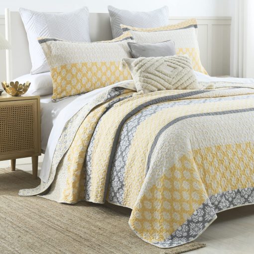 Juego de Colchas King Size SahSahCasa, Colcha King, 100% Algodon, Colcha Floral King, Juego de Ropa de Cama de Colcha, Colcha Reversible de Retazos Ligera para Todas las Estaciones, Amarillo/Gris, 3 Piezas - Imagen 2