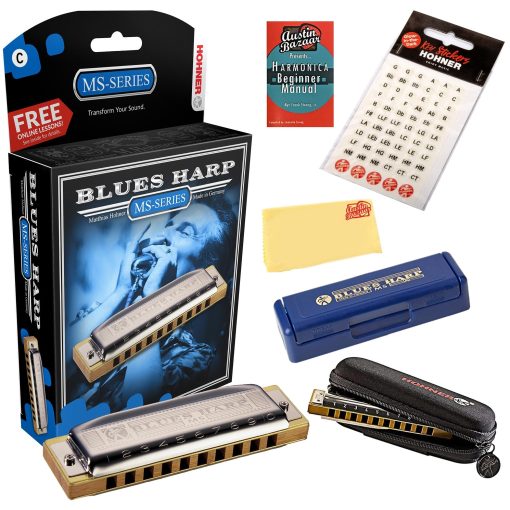 Armonica Hohner 532 Blues Harp MS - Clave de C con adhesivos de teclas, manual para principiantes de armonica y pano de pulido de Austin Bazaar