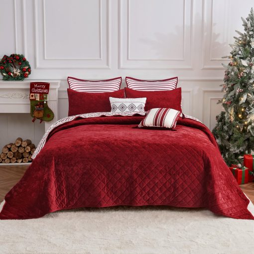 Maravilloso Juego de Edredon Navideño, Set de Edredon de Terciopelo Rojo de Lujo Tamaño Queen, Juego de Edredon de Algodon a Rayas de 5 Piezas Ligero, Cubrecamas Reversible Suave de Estilo Granja con Fundas a Juego para Todas las Estaciones - Imagen 3