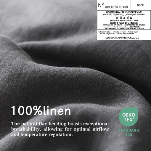 Juego de sabanas de lino EVERLY para cama tamano Full, 100% lino puro frances lavado a la piedra, 4 piezas (1 sabana plana, 1 sabana ajustable, 2 fundas de almohada) Adecuado para personas calurosas, juego de ropa de cama natural - Gris Oscuro - Imagen 4