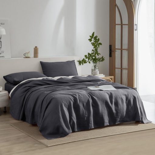 Juego de sabanas de lino EVERLY para cama tamano Full, 100% lino puro frances lavado a la piedra, 4 piezas (1 sabana plana, 1 sabana ajustable, 2 fundas de almohada) Adecuado para personas calurosas, juego de ropa de cama natural - Gris Oscuro - Imagen 9
