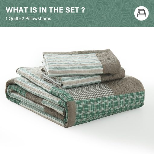 Juego de Edredon King Size SahSahCasa, Juego de Edredon King, Juego de Ropa de Cama de Edredon King 100% Algodon, Colcha Patchwork de Estilo Granja, Colcha Reversible Ligera Rustica, Verde/Marron Arenoso/Blanco - Imagen 6