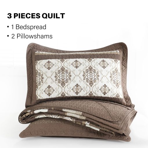 Colcha de cama de algodon 100% tamano Queen extragrande - 102"x120" Juego de colchas reversible con estampado a rayas marron, edredon ligero, cubrecamas transpirable de estilo campestre, marron/beige - Imagen 6