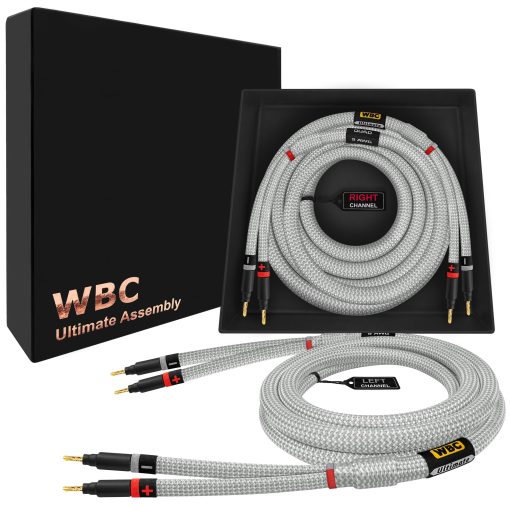 Cable para altavoz premium WORLDS BEST CABLES de 12 pies Ultimate - 9 AWG - OFC ultra puro - Par de cable para altavoz HiFi premium con conectores banana Eminence Gold y chaqueta de tweed plateada