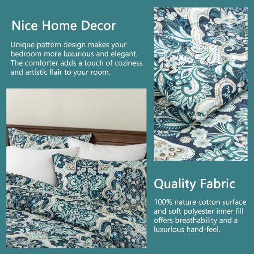 Juego de Edredon Queen Finlonte Damask, Edredon de Algodon 100%, Juego de Cama de Edredon Floral Paisley, Edredon de Lujo etnico Tamano Queen, Edredon Acolchado Suave Ligero Todo el Ano, Azul Marino/Taupe - Imagen 7