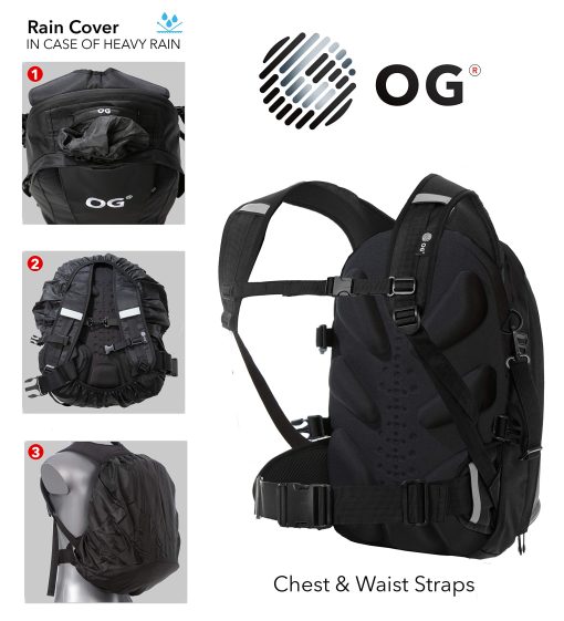 Mochila para motocicleta OG Original EZ-Rider PRO Negra Expandible 28-35L, Bolsa para casco de motocicleta, Correa para casco, Mochilas impermeables para motocicletas para hombres con bolsillo para laptop, Reflectante (Logo blanco) - Imagen 6