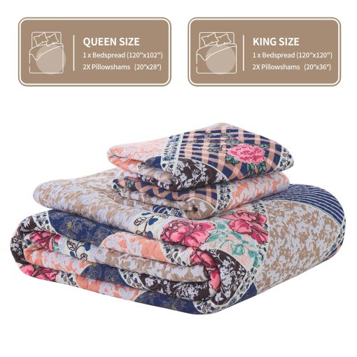 Colcha de Cama Extragrande KALOOLA 120x102, 100% Algodon Colchas de Cama Tamano Queen, Ligero Edredon Reversible Juego de Conforter con Fundas de Almohada, 3 Piezas, Azul Marino - Imagen 6