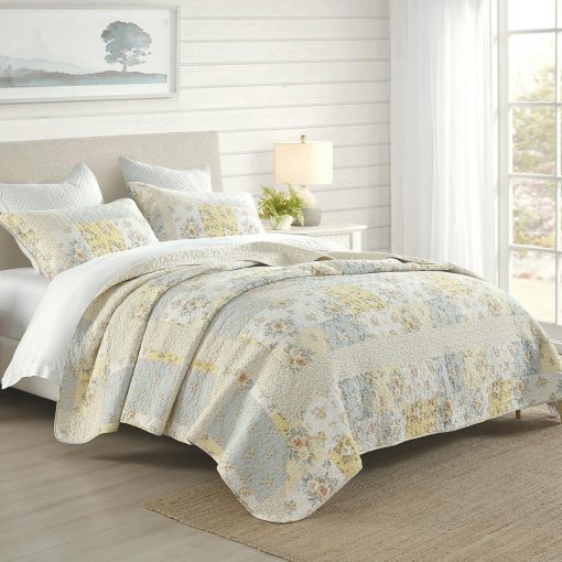 Colcha de Rey Sobredimensionada DDUOXIN (120"x120") - 100% Algodon Reversible con Estampado Floral Acolchado, Fundas de Almohada, Juegos de Colchas Ligeras Estilo Granja, Amarillo, Rey/ Cal King - Imagen 2