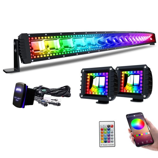 Barra de Luz LED Curva RGBW Lpteso 50 pulgadas 288W Flood Spot Combo Beam 2PCS 4 pulgadas 18W Flood RGB LED Pods con 16 colores solidos y Halo RGB que cambia en el Rocker Switch Wiring