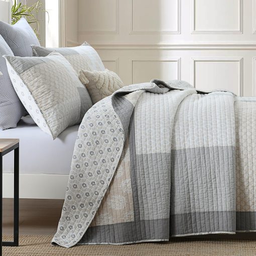 Edredon King Floral para Mujeres - Juego de 3 Piezas de Edredon 100% Algodon Ligero, Colcha Reversible King, Mantas Suaves para Todas las Estaciones, Moonbeam/Blanco/Gris - Imagen 2