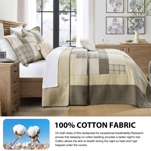 Colcha King DDUOXIN 120" W x 120 L - Edredon King Oversized 100% Algodon con 2 Fundas de Almohada, Colchas Reversibles Cubrecamas Juegos de Cama Livianos, Juego de Cama Beige/Marron, 3 Piezas - Imagen 3