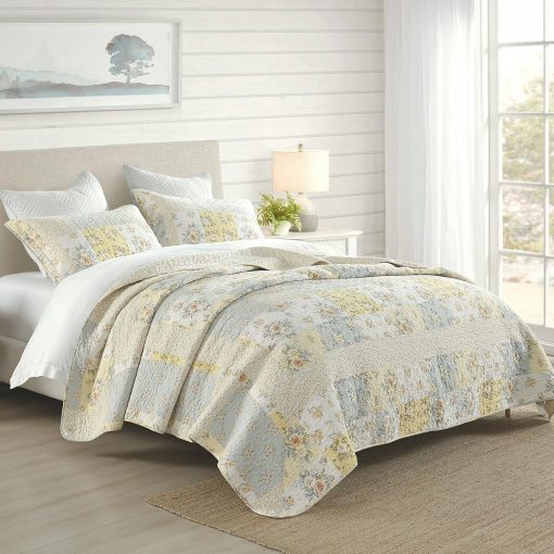 Colcha Edredon Extra Grande FineStichery 128"x120" - 100% Algodon Cal King, Ligera Reversible, Colcha Floral, Juegos de Cubrecamas XL, Amarillo - Imagen 2