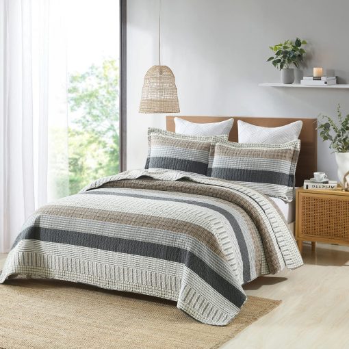 Juego de Edredon PANGUSHAN 100% Algodon Tamaño Queen, Colcha Patchwork Juego de Edredon Queen Ropa de Cama Cubrecamas, Edredon Reversible Ligero de Estilo Granja, Blanco/Marron/Gris Colcha para Todas las Estaciones, 3 Piezas - Imagen 2