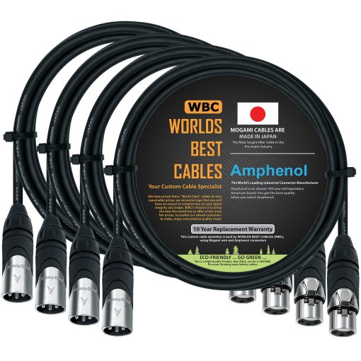 4 Unidades - 5 Pies - Cable de Microfono Cuadruple Balanceado Personalizado Hecho con Cable Mogami 2534 y Conectores XLR Amphenol AX3M Macho y AX3F Hembra de Plata de WORLDS BEST CABLES